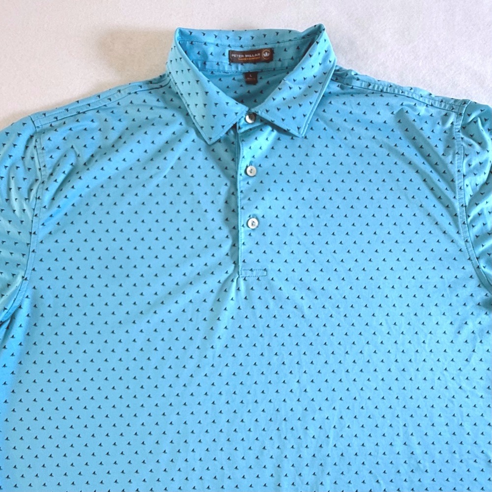 Peter Millar Summer Comfort Polo Mens Large Shark Fin Print AOP Blue